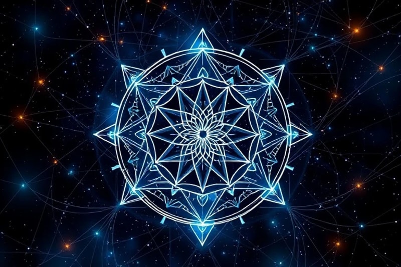 Abstract vector art of astrological symbols connected by glowing data streams, representing the flow of big data in cosmic patterns