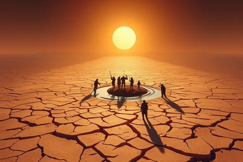 Parched earth with a guarded oasis, symbolizing water conflict