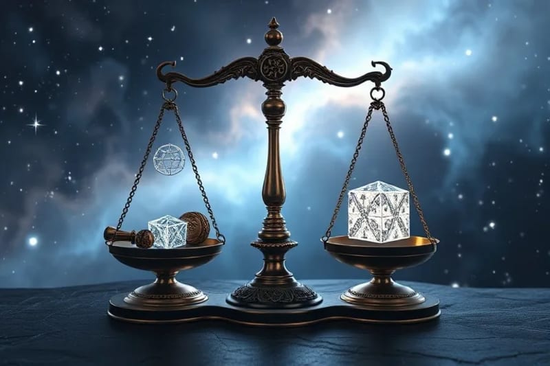 3D render of antique scales of justice balancing astrological glyphs and glowing digital data cubes against a cosmic nebula background