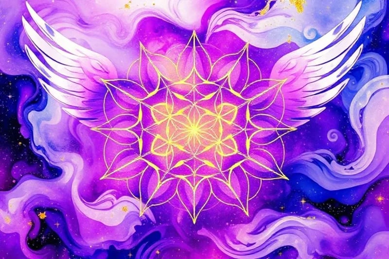 Representación conceptual de patrones de geometría sagrada como la Flor de la Vida, entrelazados con alas etéreas de Serafines y elementos cósmicos.