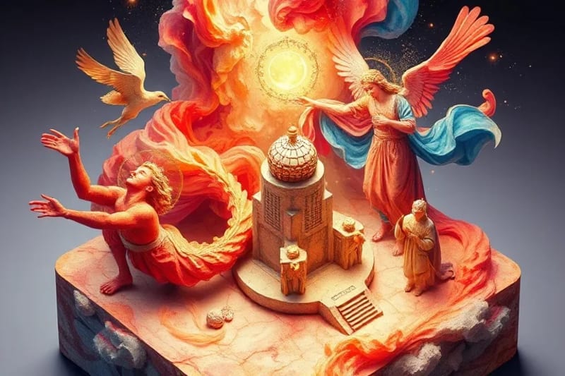 Pintura abstracta en acuarela con remolinos de colores vibrantes y entrelazados, sugiriendo movimiento continuo, energía cósmica y la interacción de fuerzas divinas.