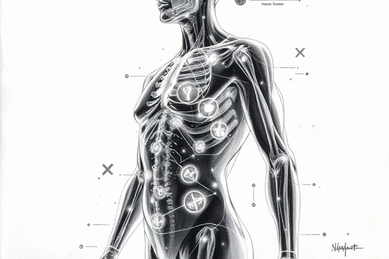 Modelo holográfico de cuerpo humano con datos genéticos y biométricos superpuestos, mostrando riesgos de enfermedades futuras.