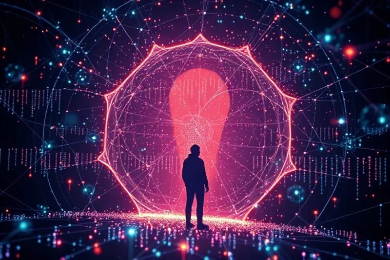 Representación abstracta de datos médicos sensibles protegidos por una barrera digital, simbolizando la privacidad y los desafíos éticos.