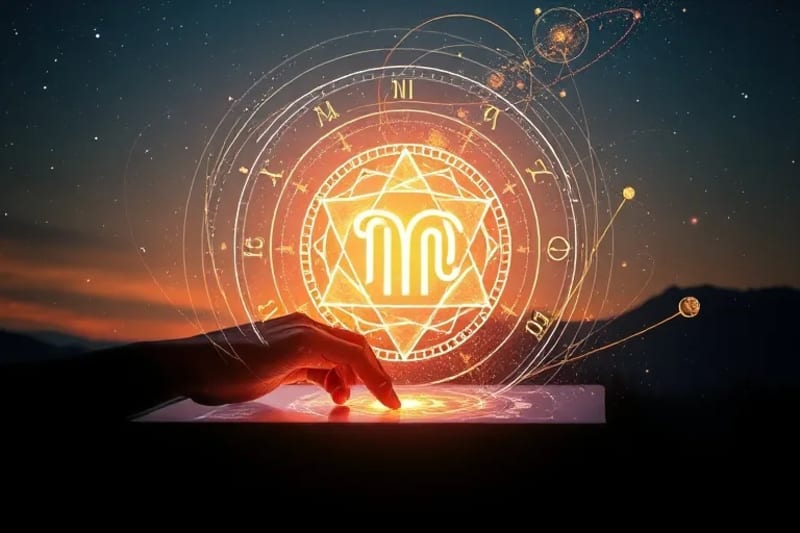 A hand drawing a complex sigil on a glowing tablet, surrounded by astrological symbols