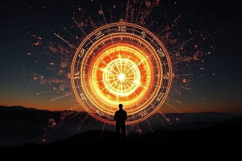 Abstract representation of cosmic energy coalescing into a solid, glowing form, symbolizing manifestation