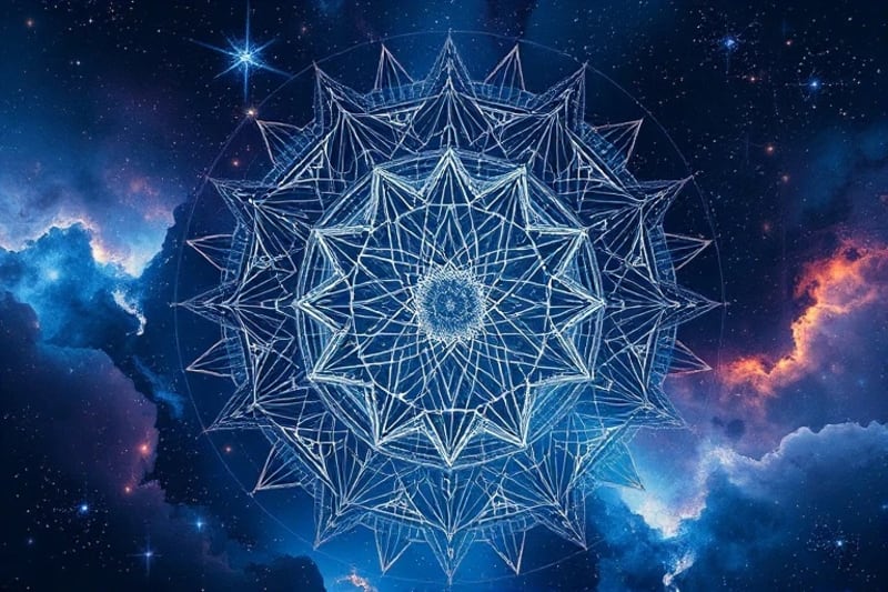 Ethereal web of celestial bodies morphing into neural networks, representing the cosmic and psychological interconnectedness of relationships.