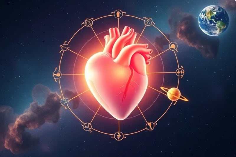 Stylized transparent heart model surrounded by orbiting astrological symbols connected by glowing threads, representing emotional bonds.