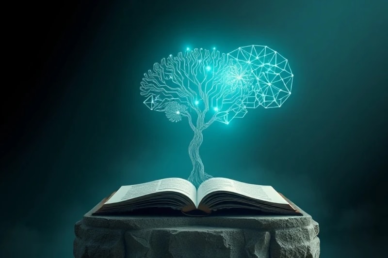 Ilustración vectorial de perfiles humanos abstractos con cerebro de formas geométricas y circuitos fusionados con un árbol de la vida