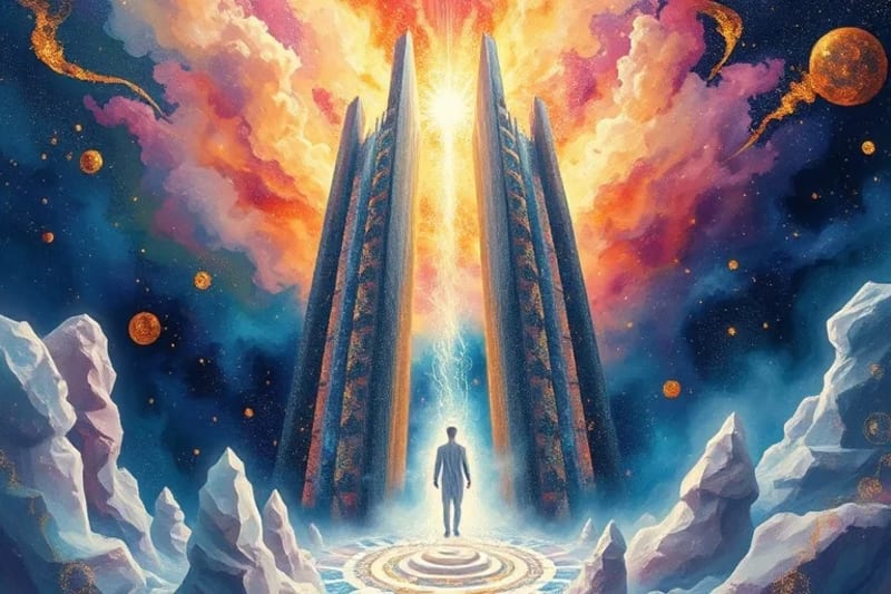 Pintura digital de una estructura cristalina futurista emitiendo energía a una figura humana disolviéndose en luz, con un fondo cósmico