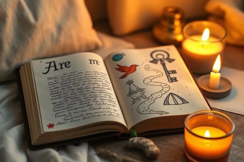 Open journal with dream notes and sketches, candle, and tea