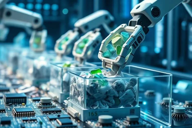 Futuristic robotic arms sorting various waste materials for recycling, with holographic data streams indicating efficient processing.