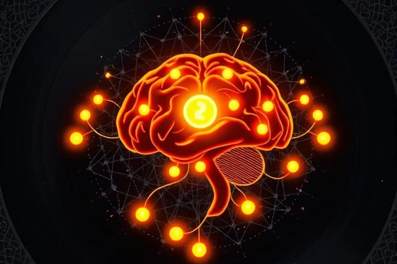 Cerebro brillante con hilos de luz y rosario cuántico