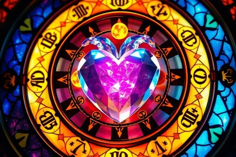 3D render of a glowing crystal heart within cosmic clockwork, symbolizing emotional core and universal rhythms.