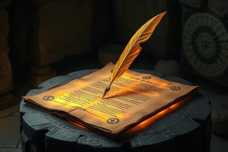 Pluma antigua y tableta holográfica con algoritmos
