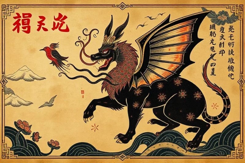 Digital painting of data streams flowing into a traditional Chinese scroll with illuminated zodiac animals