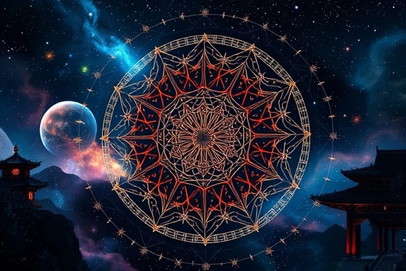 3D render of neural networks intertwining with a celestial map showing zodiac constellations