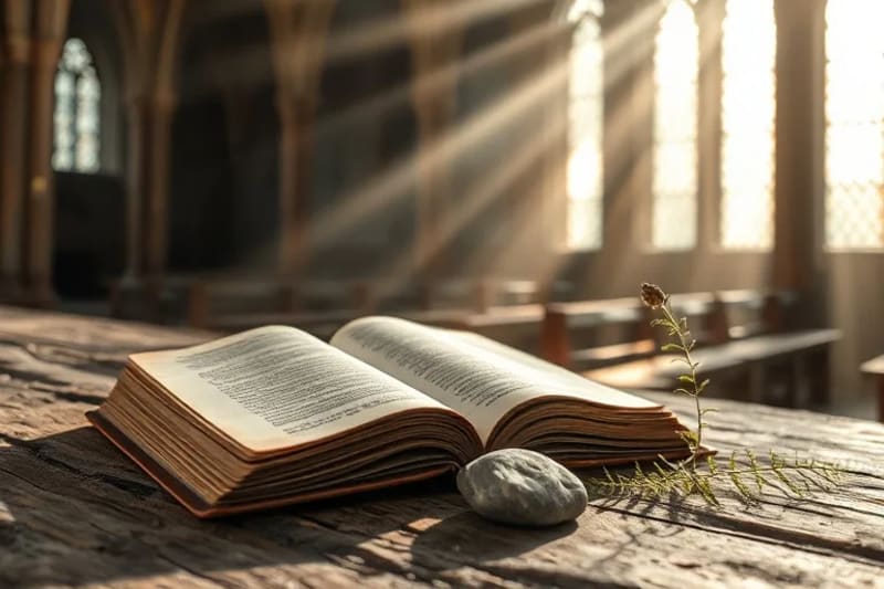 Libro de oraciones antiguo con piedra y helecho