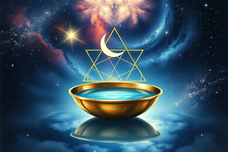 A detailed watercolor painting of an antique bowl filled with dark, still water, reflecting a vibrant cosmic scene of stars and nebulae, suggesting deep mystical contemplation.