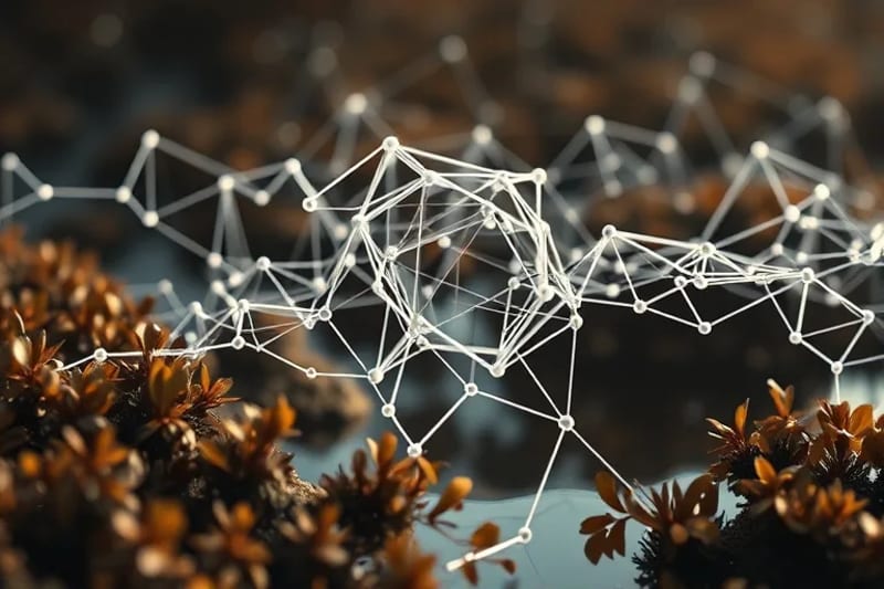 Renderizado 3D abstracto de formas geométricas entrelazadas y nodos, simbolizando una red descentralizada, con elementos orgánicos como plantas estilizadas y agua fluyendo, sugiriendo crecimiento y regeneración de recursos. La composición utiliza tonos tierra suaves con sutiles toques digitales que evocan un equilibrio entre tecnología y naturaleza.