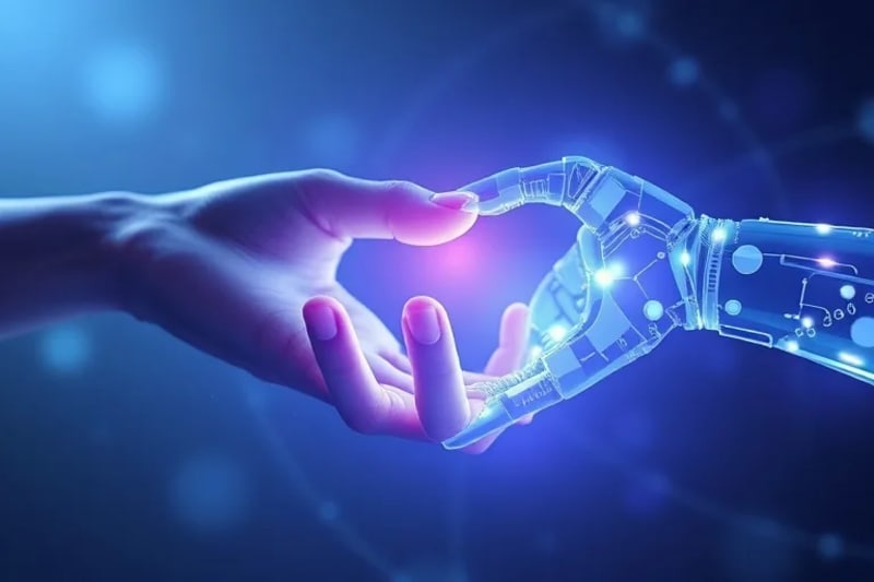 Mano humana y mano robótica translúcida entrelazadas, simbolizando la interacción entre conciencia biológica y artificial