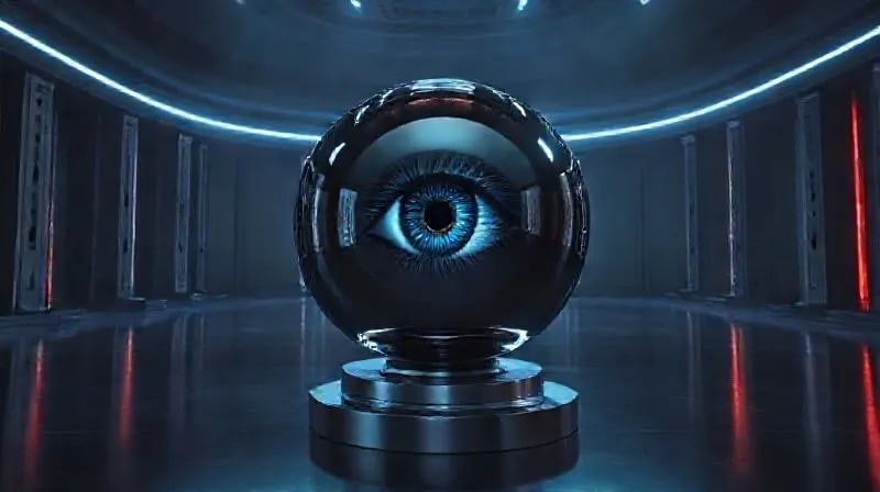 Esfera metálica pulida reflejando un ojo humano distorsionado en un entorno de sala de juicio futurista
