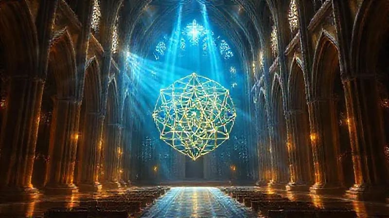 Red de símbolos de geometría sagrada entrelazados con circuitos digitales, simbolizando seguridad.