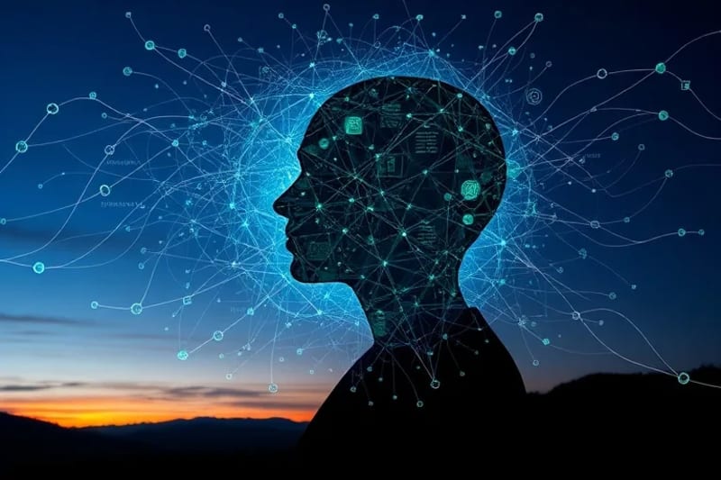 Conciencia humana interactuando con datos y símbolos antiguos
