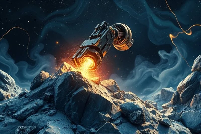 Brazo robótico extrayendo minerales de un asteroide en un render 3D