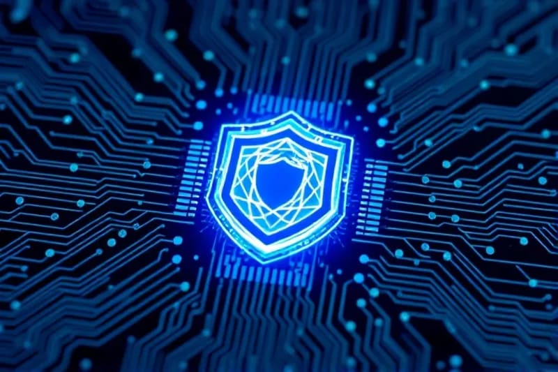 Ilustración vectorial de un escudo digital compuesto por intrincados patrones de datos y símbolos de seguridad, representando la criptografía post-cuántica.