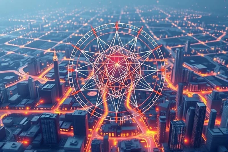 Digital painting illustrating ley lines and energy flows across a city map with abstract human figures