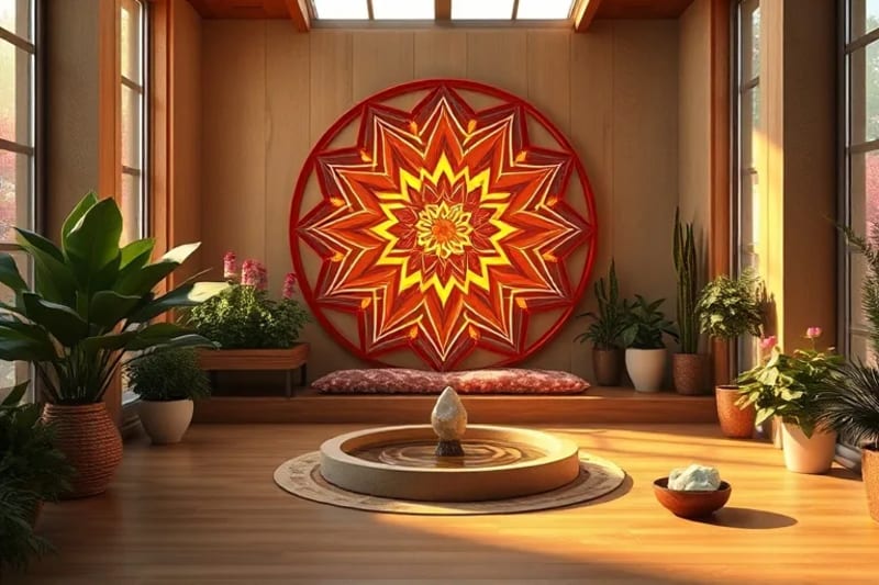 3D render of a minimalist urban interior with plants and crystals, exuding a serene, energetic aura