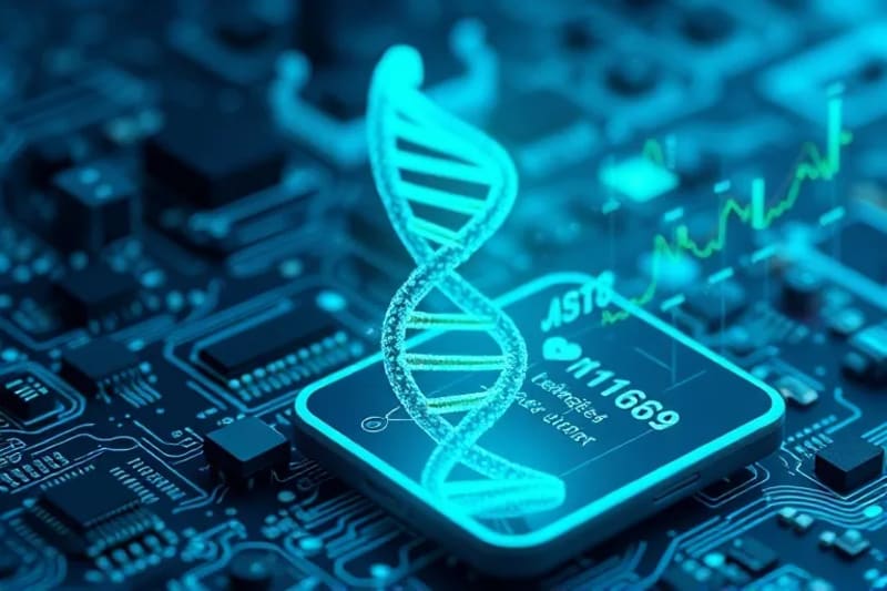Ilustración de un ADN humano fusionándose con una interfaz de dispositivo móvil, mostrando datos de salud.