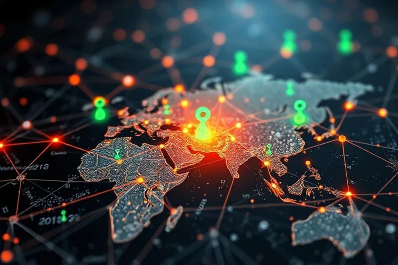 Red abstracta de datos y flujos financieros sobre un mapa de mercados emergentes con símbolos sostenibles.