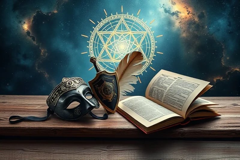 Conceptual still-life of Jungian archetypes as symbolic objects: a mask, a feather, a shield, and an open book