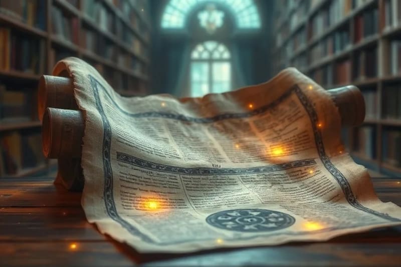 Ancient scroll with glowing Sanskrit symbols, vibrating off parchment, mystical library background.