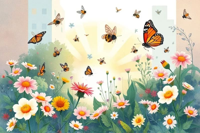 Jardín urbano vibrante con flores y mariposas, bañado por una luz dorada mística.