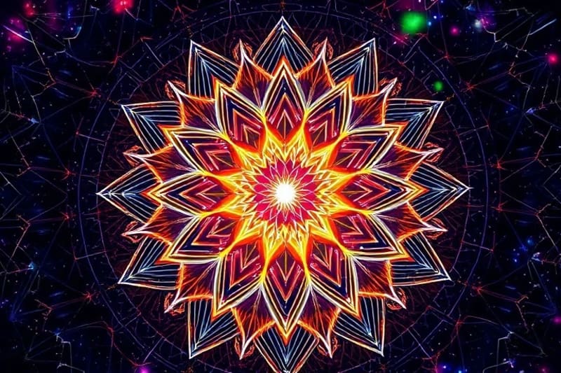 Abstract 3D render of interconnected sound waves and light particles forming a complex, crystalline structure, spectrum of colors.