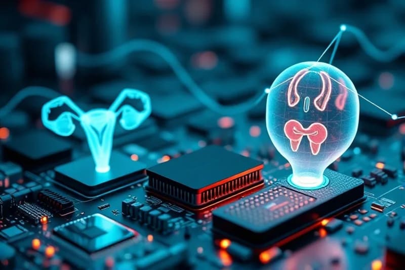 Renderizado 3D de glándulas endocrinas femeninas con visualizaciones de datos y tecnología, simbolizando la personalización del biohacking.