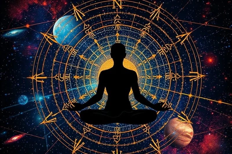 An abstract digital painting of celestial bodies and human figures meditating, depicting the energetic flow of cosmic influence on human consciousness.