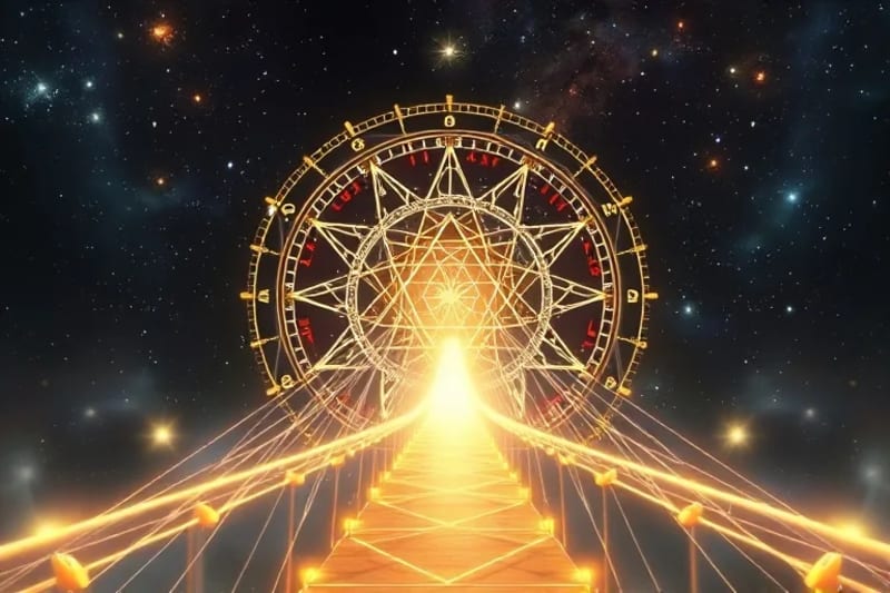 A conceptual 3D render of a bridge made of light, connecting ancient scrolls and astrological symbols with modern mindfulness icons, symbolizing the fusion of traditions.