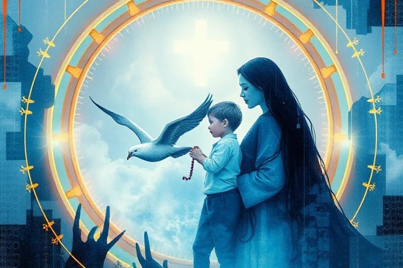 Representación artística de una familia unida en un círculo de luz, simbolizando la protección espiritual y la unidad familiar.