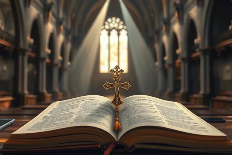 Escapulario antiguo sobre una Biblia abierta, con elementos modernos difuminados en el fondo, simbolizando la fe en tiempos de incertidumbre.