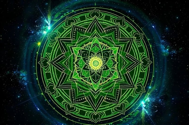 Digital painting illustrating the seven Hermetic principles with abstract symbols and cosmic background