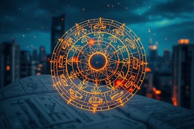 Símbolos geománticos antiguos fusionados con planos arquitectónicos modernos