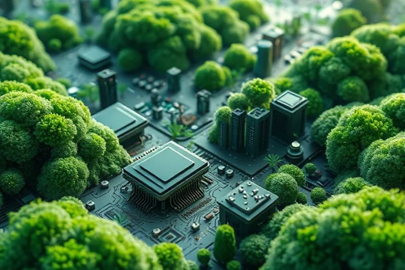 Render 3D de arquitectura sostenible de micelio en una ciudad verde