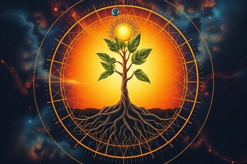 Detailed botanical illustration of a plant's root system connecting to Earth's magnetic field, with celestial bodies above.