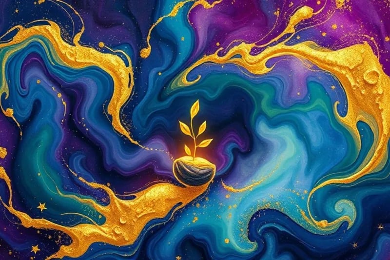 Abstract digital art of cosmic dust forming a sprouting seed, blending vibrant blues, purples, and greens with golden light.