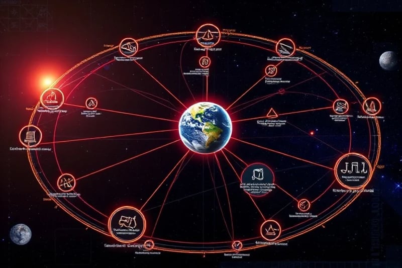 Diagrama complejo de marcos legales espaciales, mostrando líneas interconectadas entre la Tierra, bases lunares y cinturones de asteroides, con símbolos de tratados y leyes.