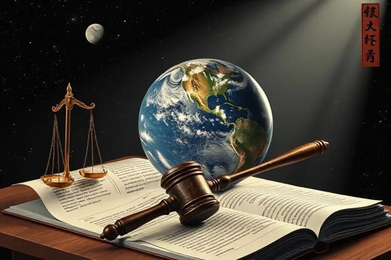 Bodegón conceptual con un globo terráqueo antiguo, un modelo de asteroide estilizado y un mazo de juez sobre textos legales futuristas, bajo la luz de las estrellas.