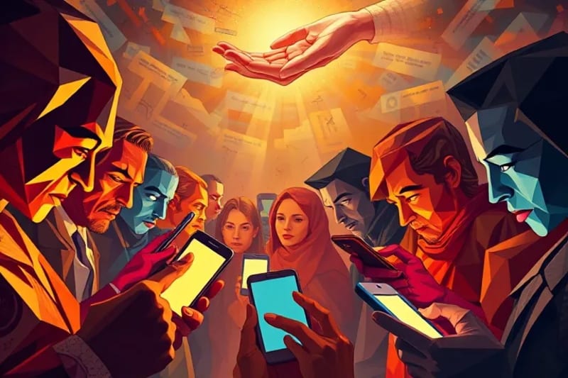 Personas absortas en pantallas de smartphones con información digital caótica